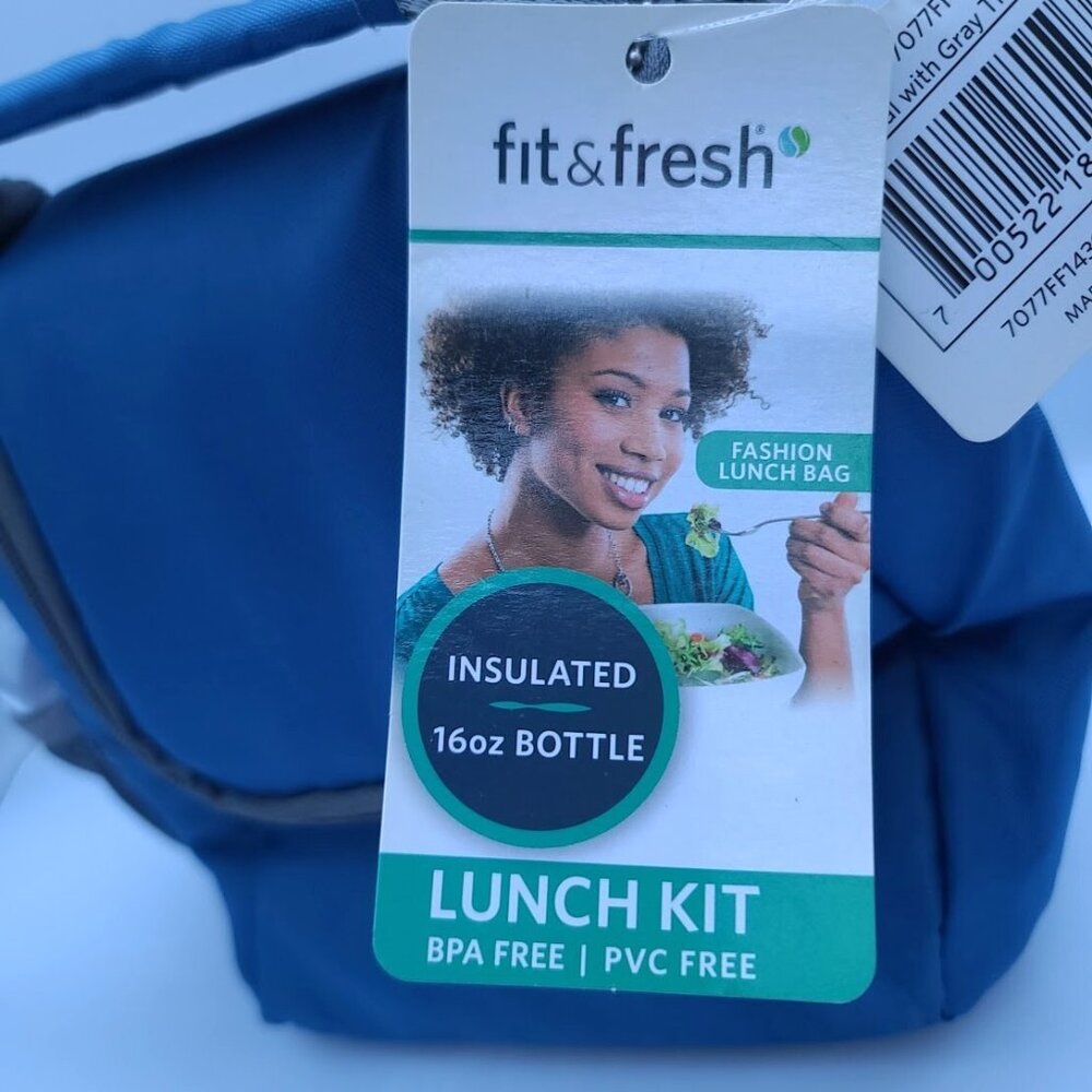 Fit & Fresh Insulated Lunch Bag Kit With 16 oz Bottle Blue Unisex Zip Top NWT - Picture 4 of 8